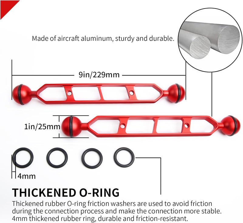 LetonPower Red 9" Underwater Aluminum Alloy Extension Arm (2-Pack) - Dual Ball System with 1" Head Connector, Waterproof & Rustproof for Diving Camera Tray/Strobe/Video Light, Scuba Photography Gear - Image 2